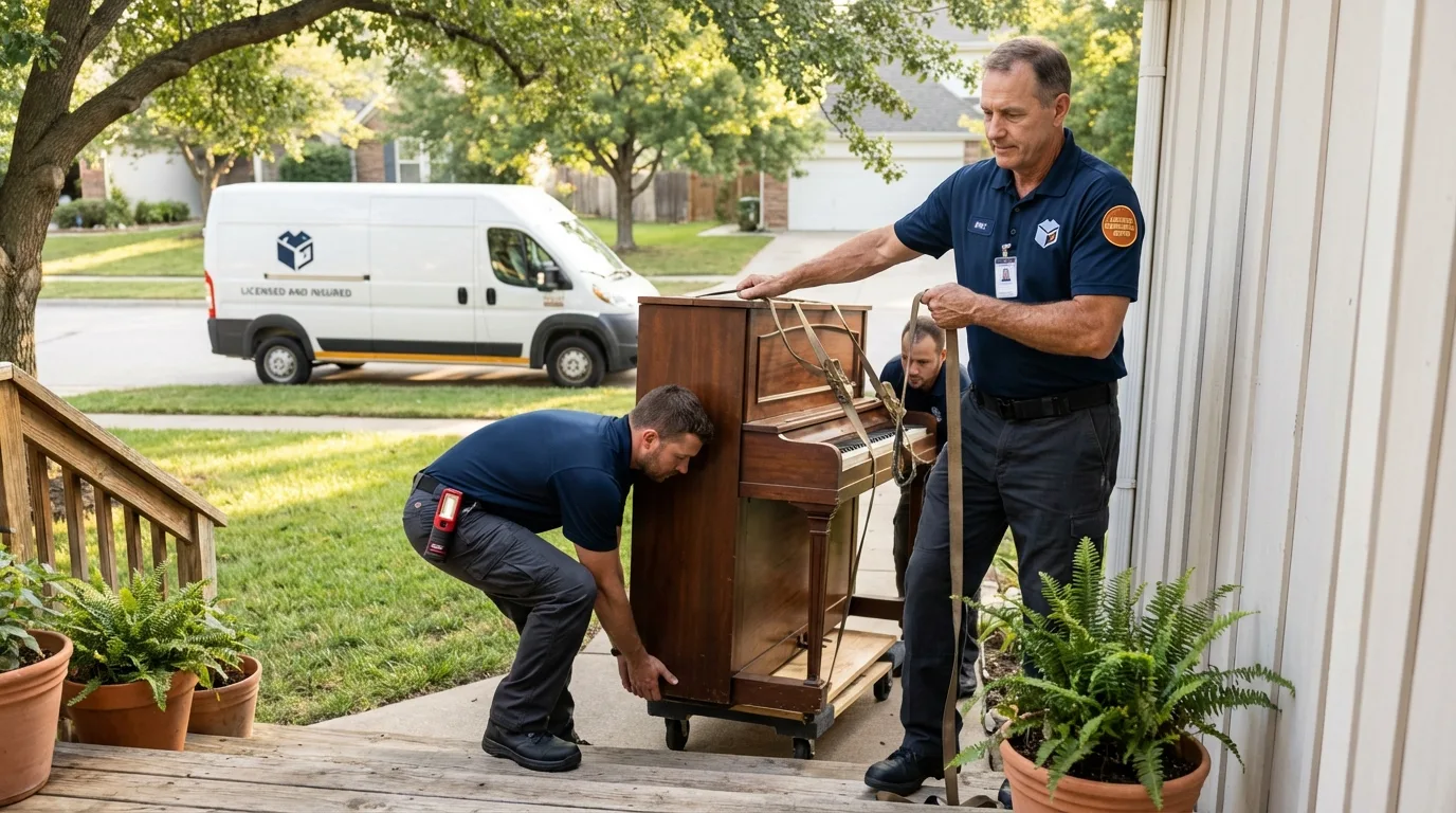 Licensed piano movers securing grand piano in Pasadena, CA