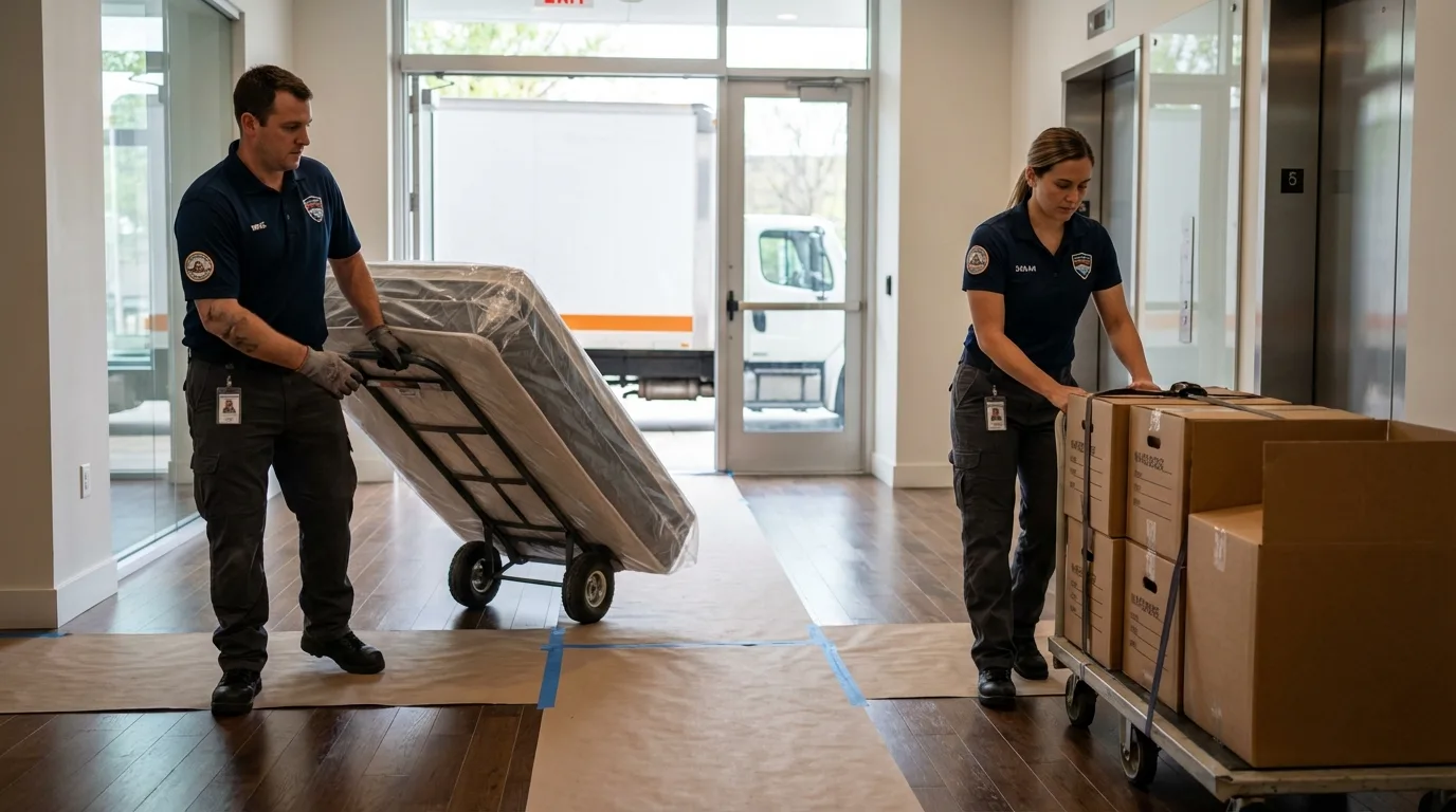 Professional apartment movers loading elevator in Pasadena, CA